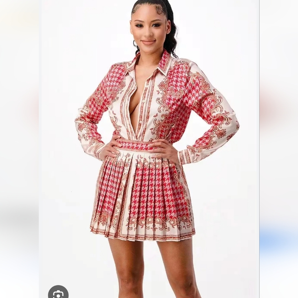 Her Bottari Red and Cream Patterned Skirt Size S